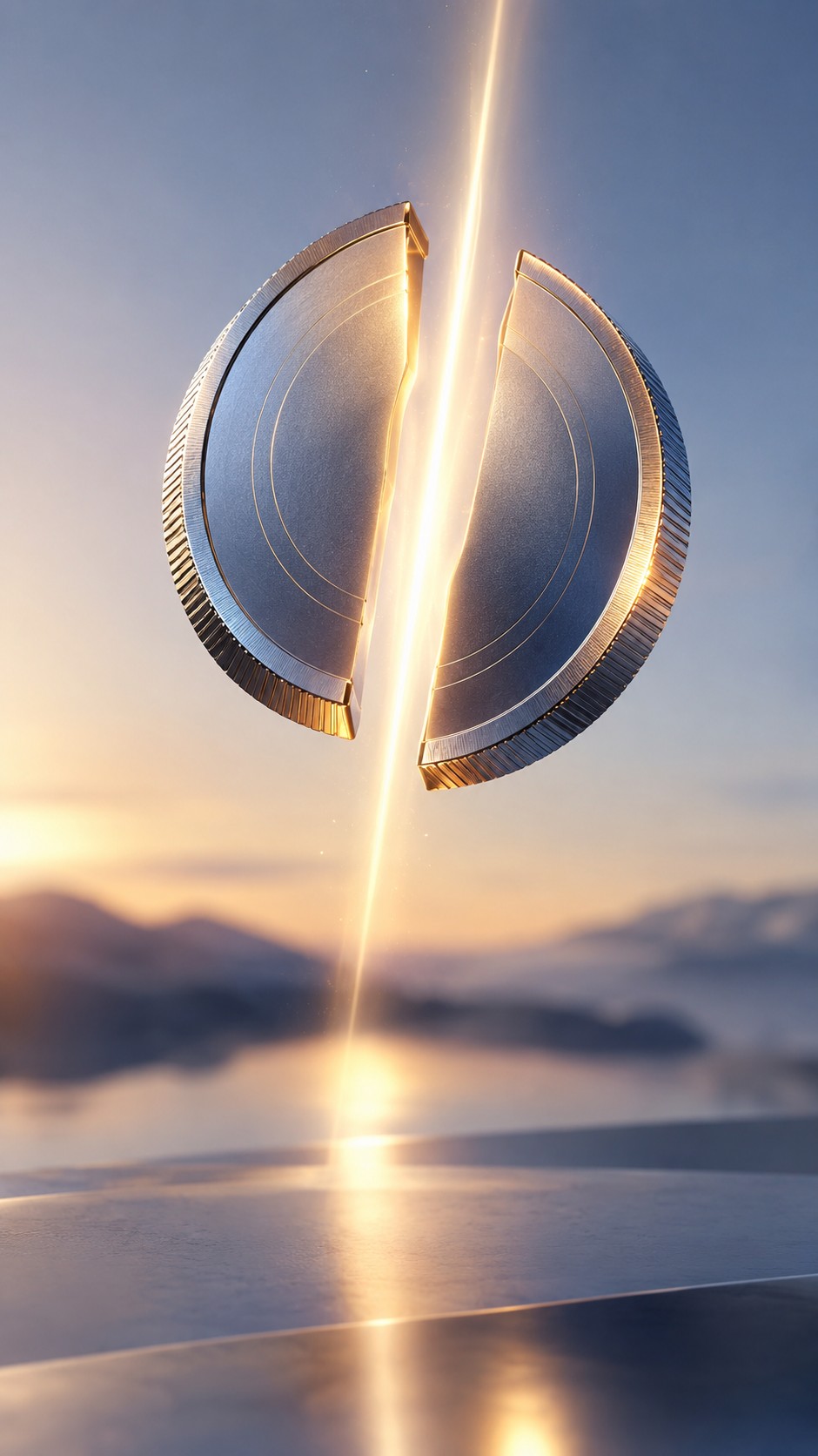 Coin being split into two halves by a beam of light
