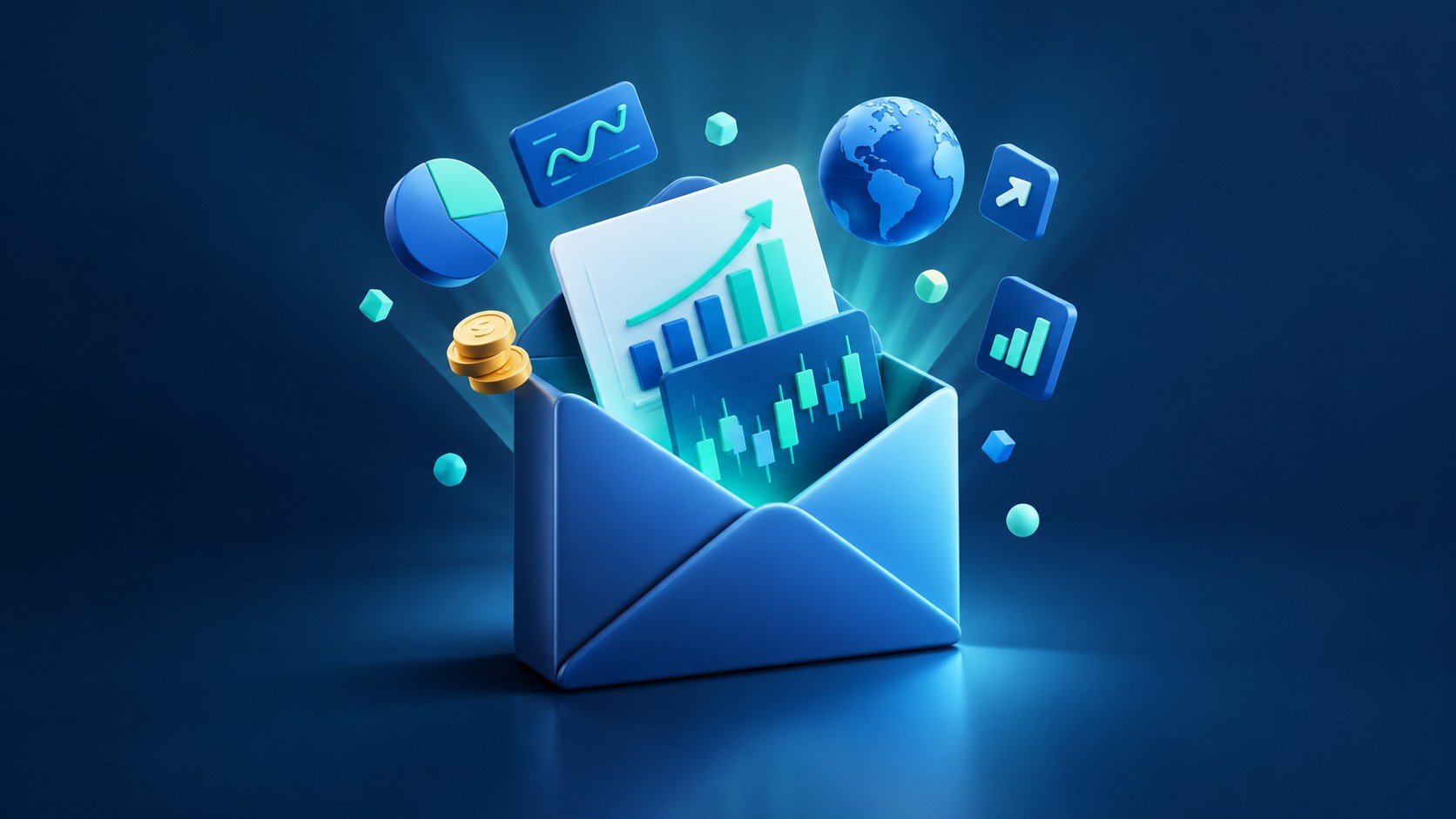 Envelope opening with charts and market icons flying out