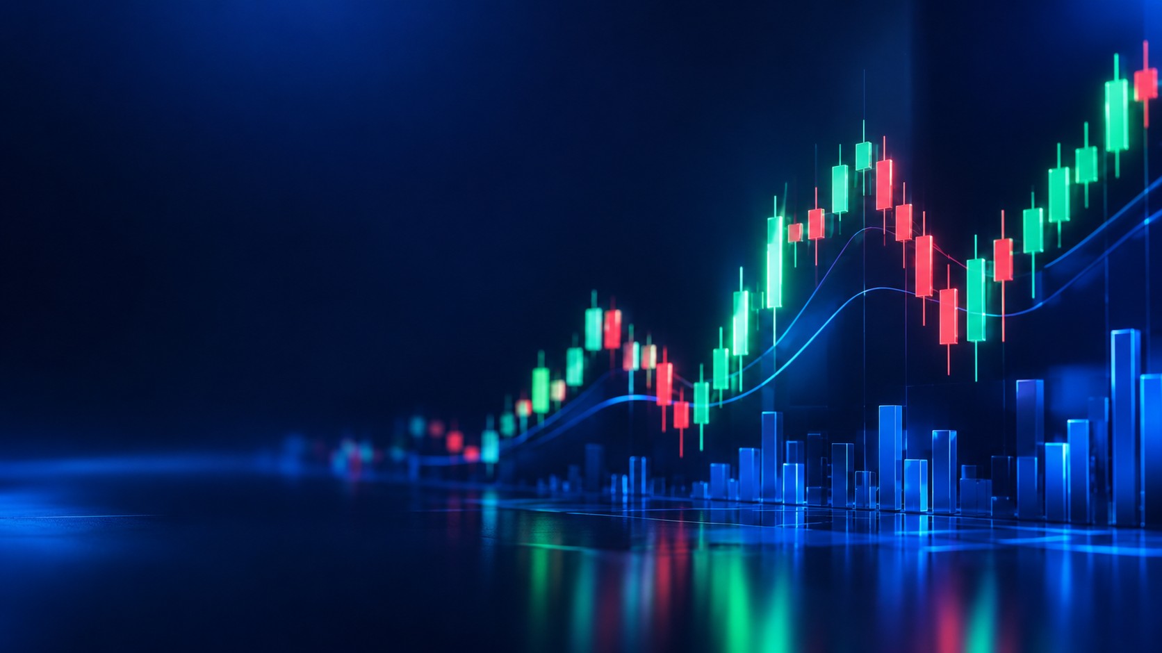 Large glowing forex candlestick chart with rising and falling candles