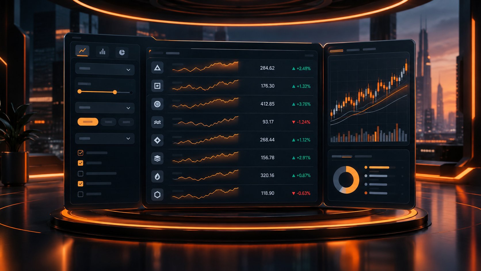 Sleek dashboard with filter panels and a list of stock charts