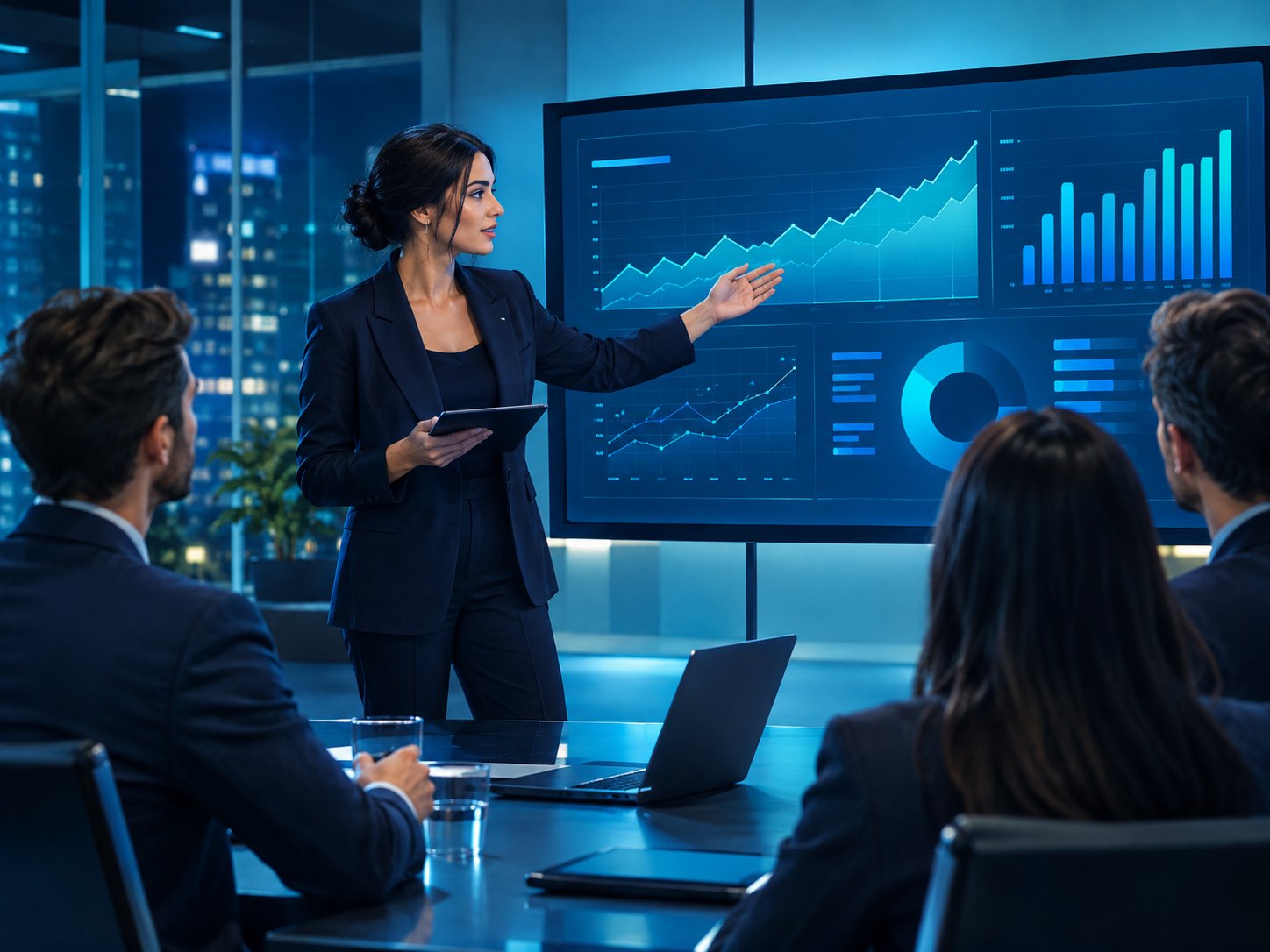 Analyst presenting charts on a large screen to a small team